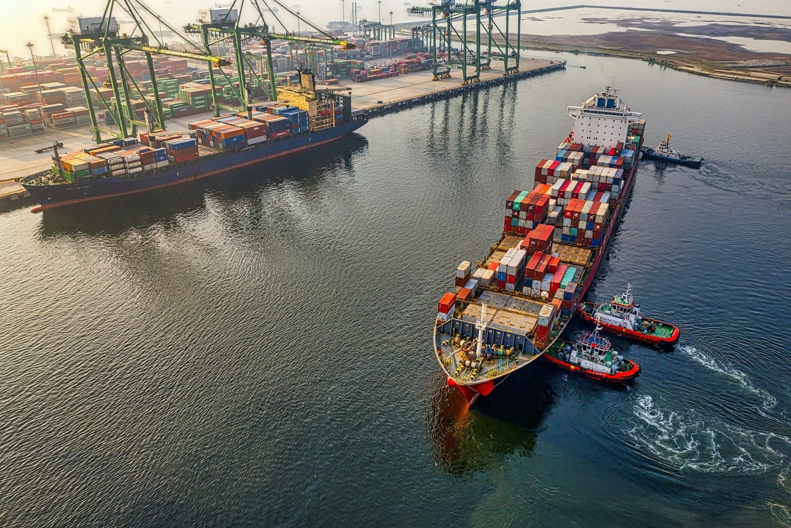 Aerial view of a container ship leaving port