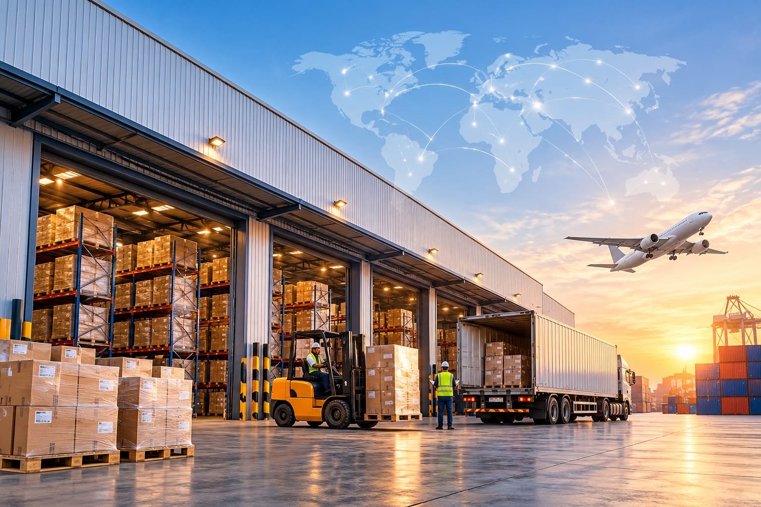 Forklift moving cargo pallets at a warehouse loading bay